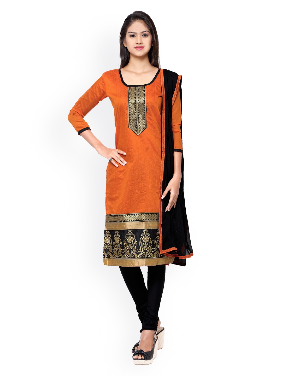 

Blissta Black & Rust Orange Embroidered Chanderi Cotton Unstitched Dress Material