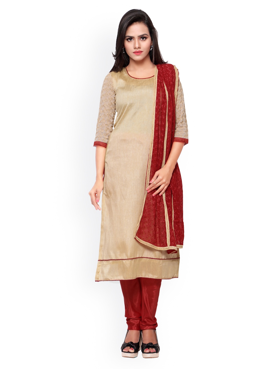 

Blissta Gold-Toned & Maroon Embroidered Bhagalpuri Silk Unstitched Dress Material