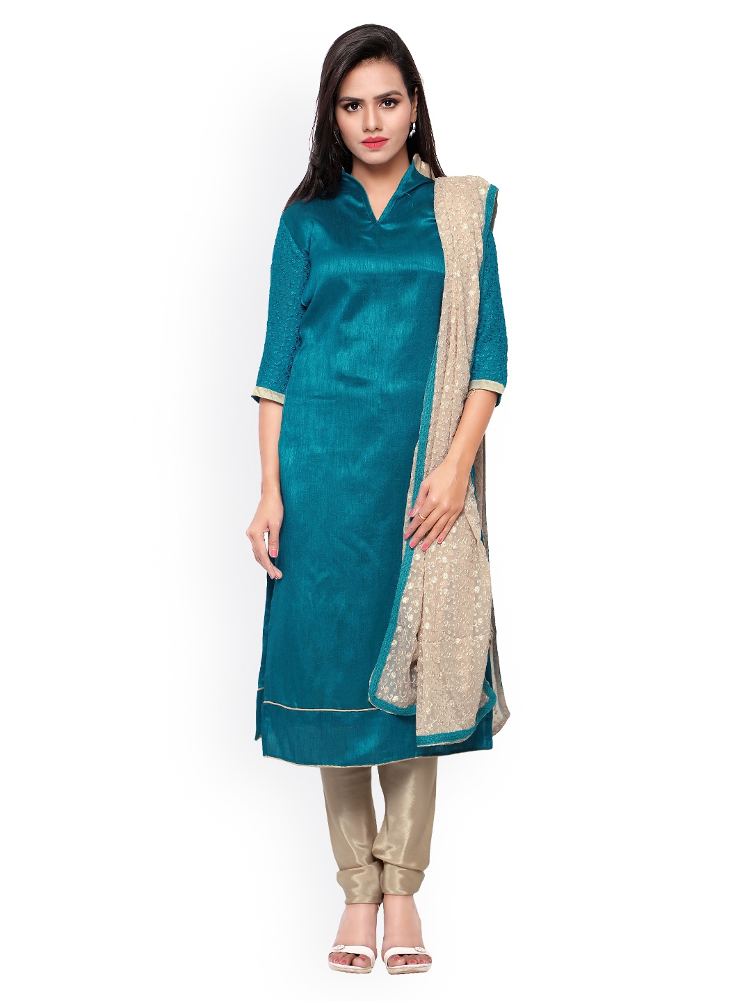 

Blissta Blue & Beige Embroidered Bhagalpuri Silk Unstitched Dress Material