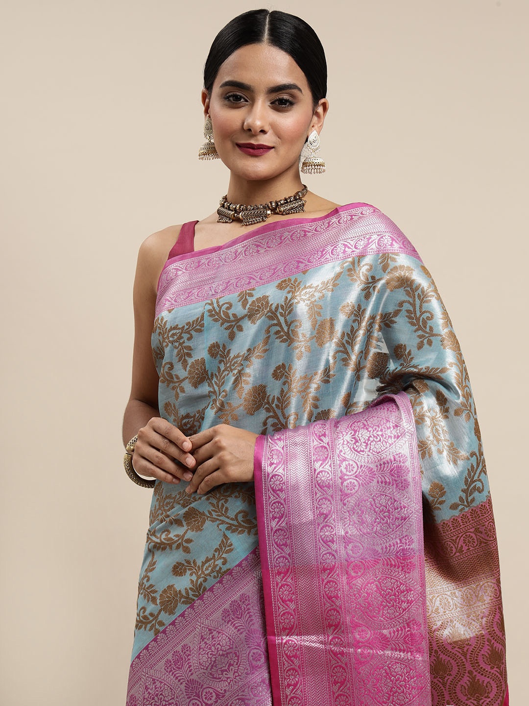 

Mitera Blue & Pink Floral Zari Organza Saree