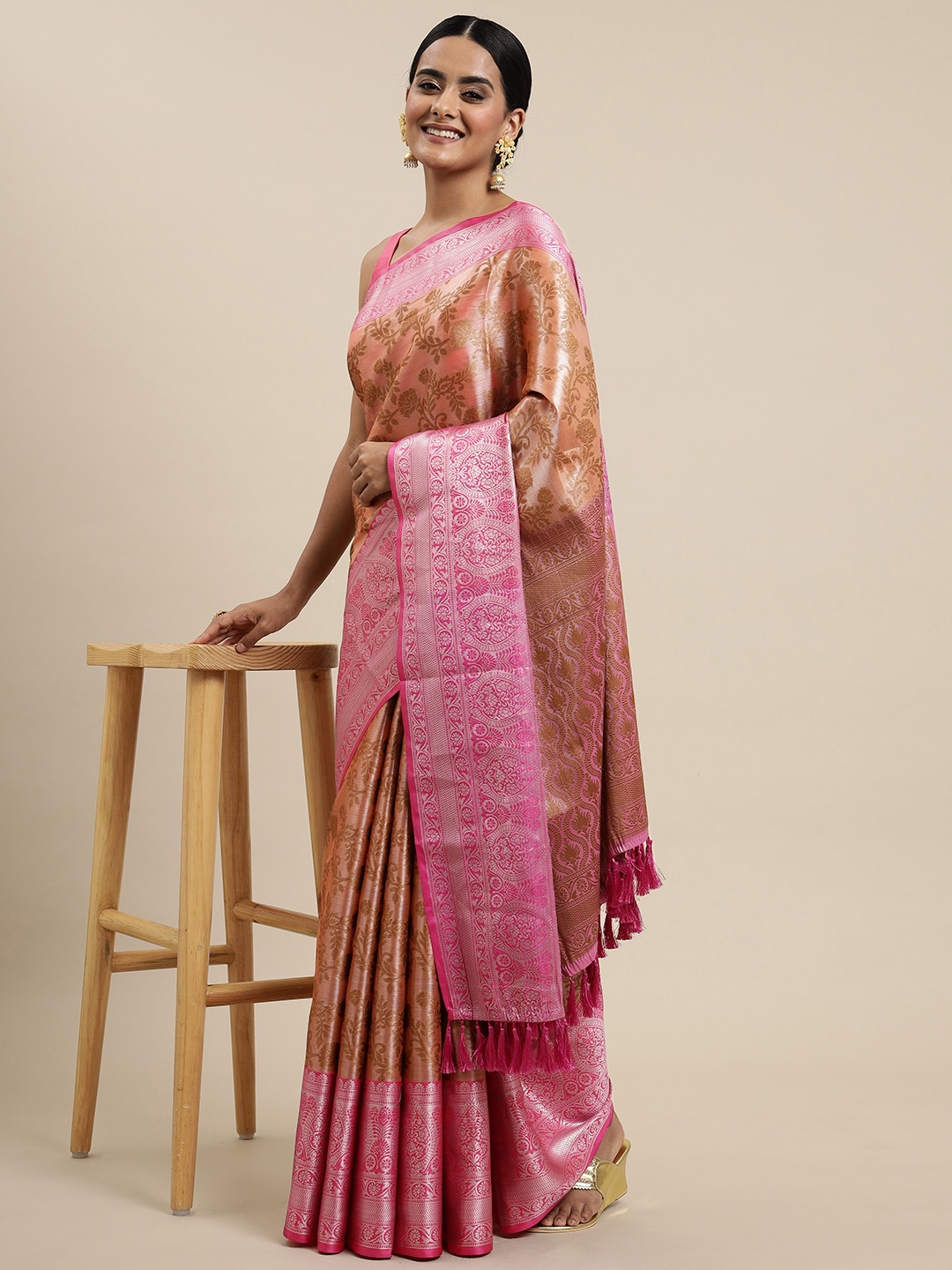 

Mitera Peach-Coloured & Pink Zari Organza Kanjeevaram Saree