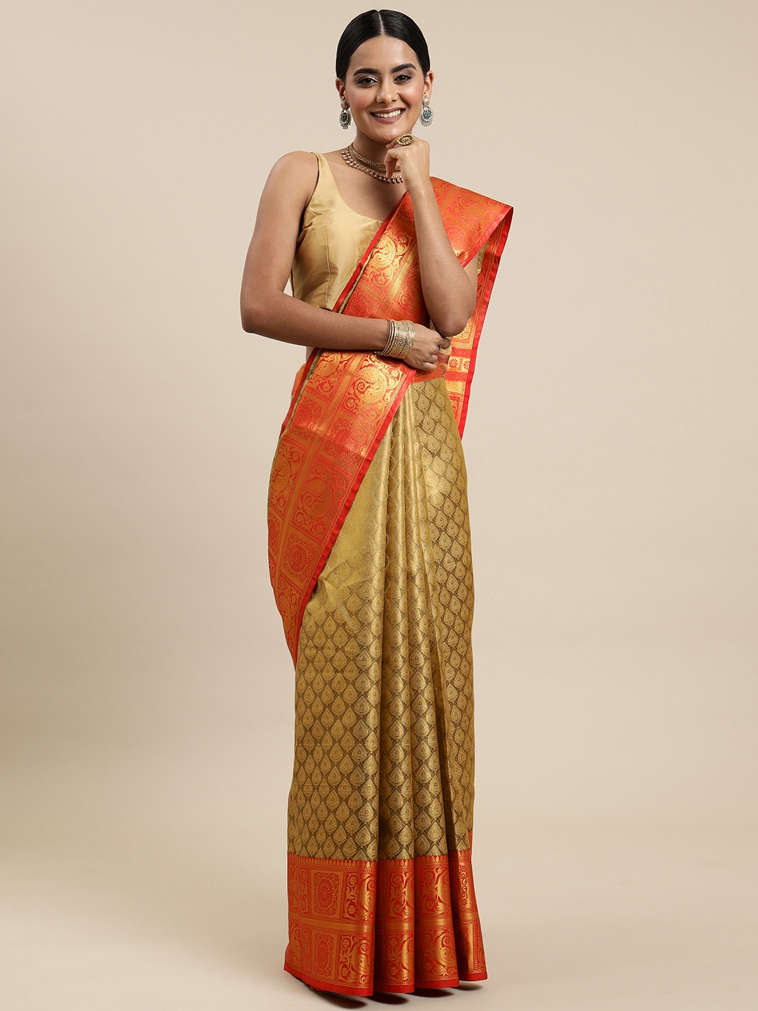 

Mitera Golden Ethnic Motifs Zari Organza Kanjeevaram Saree, Gold