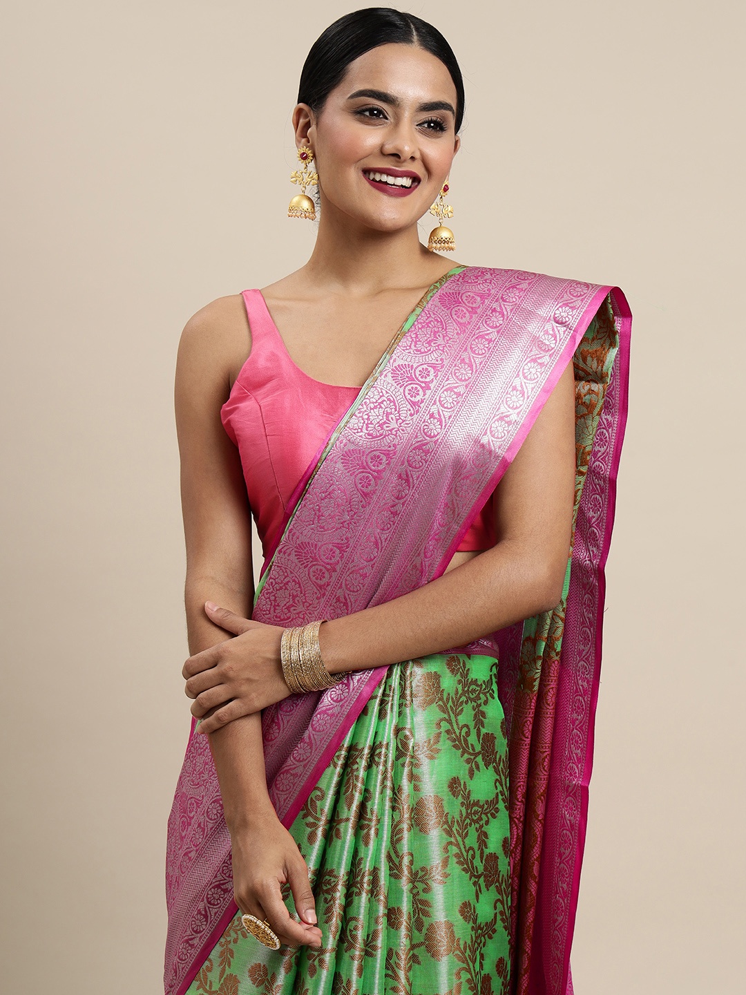 

Mitera Green & Pink Floral Zari Organza Kanjeevaram Saree