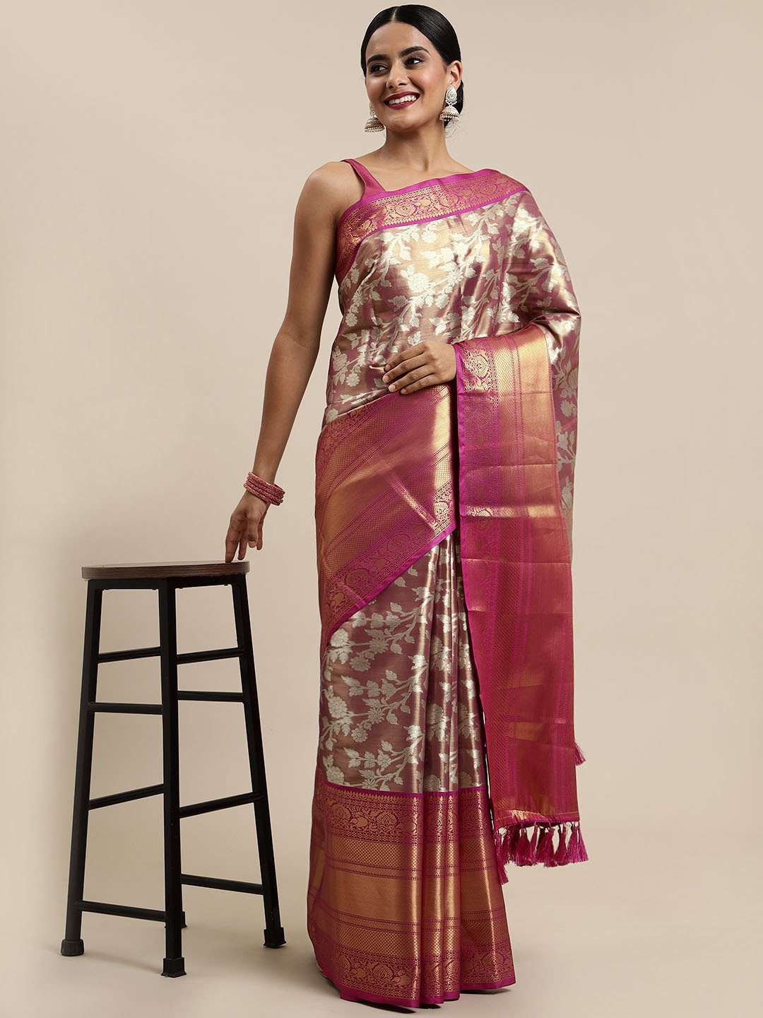 

Mitera Purple & Silver Ethnic Motifs Zari Organza Saree