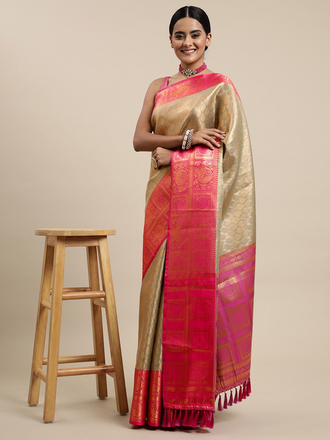 

Mitera Green & Pink Ethnic Motifs Zari Organza Kanjeevaram Saree
