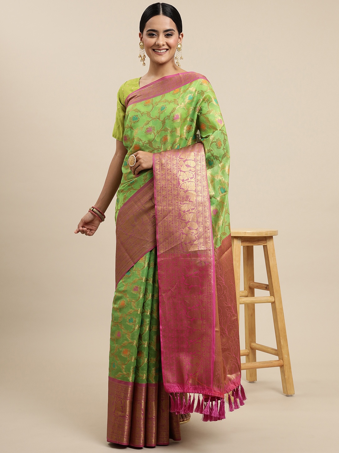 

Mitera Green & Pink Ethnic Motifs Zari Organza Saree