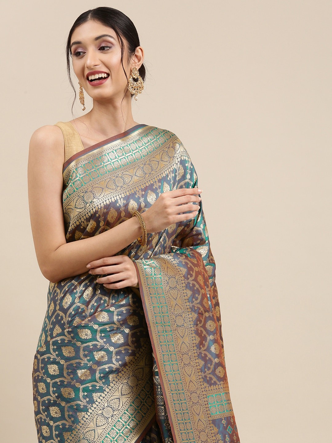 

Mitera Grey & Goldenn Ethnic Motifs Silk Blend Banarasi Saree