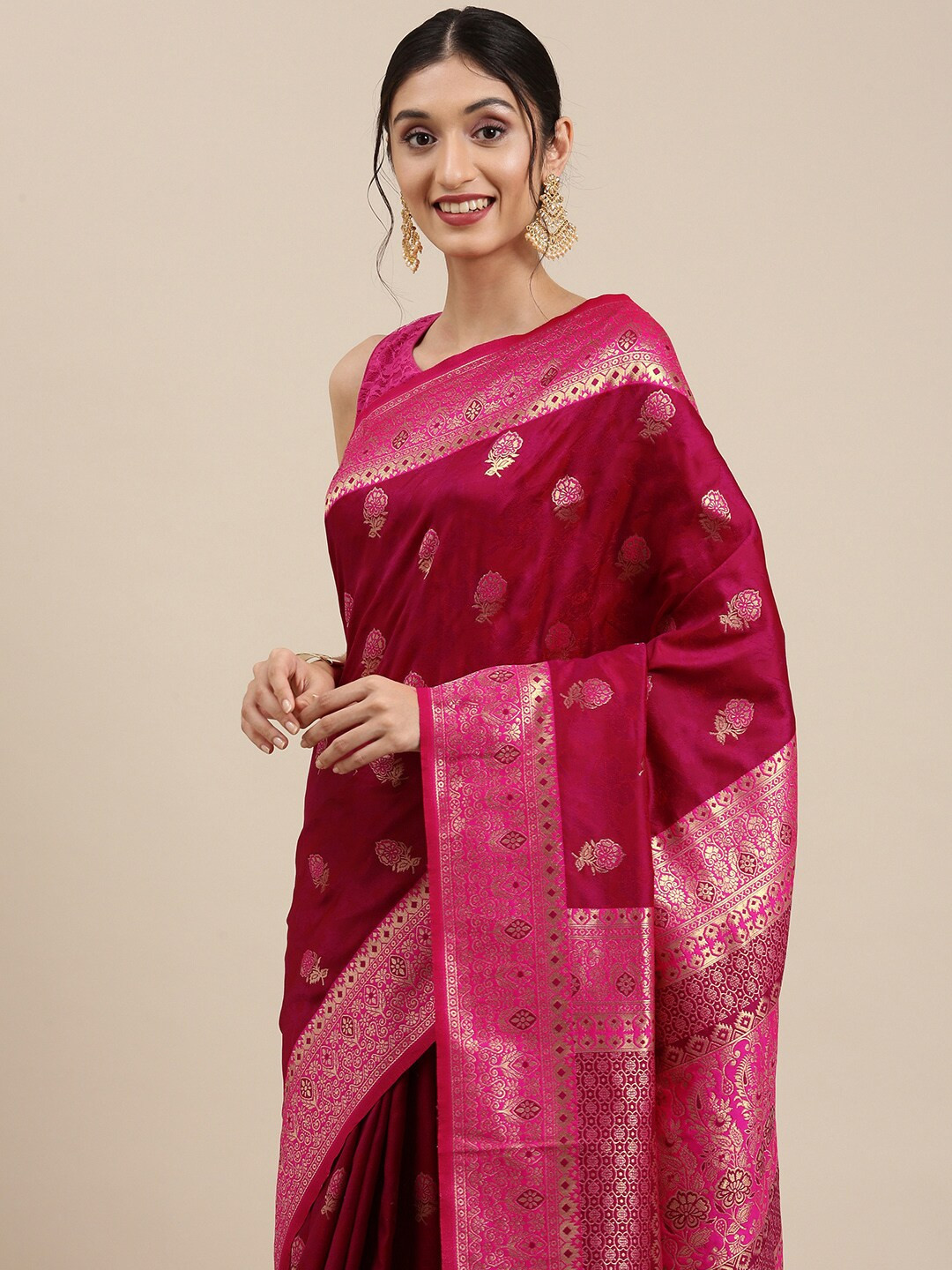 

Mitera Pink & Golden Ethnic Motifs Silk Blend Saree