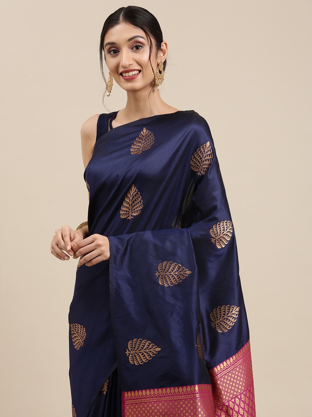 

Mitera Navy Blue & Pink Ethnic Motifs Zari Silk Blend Saree