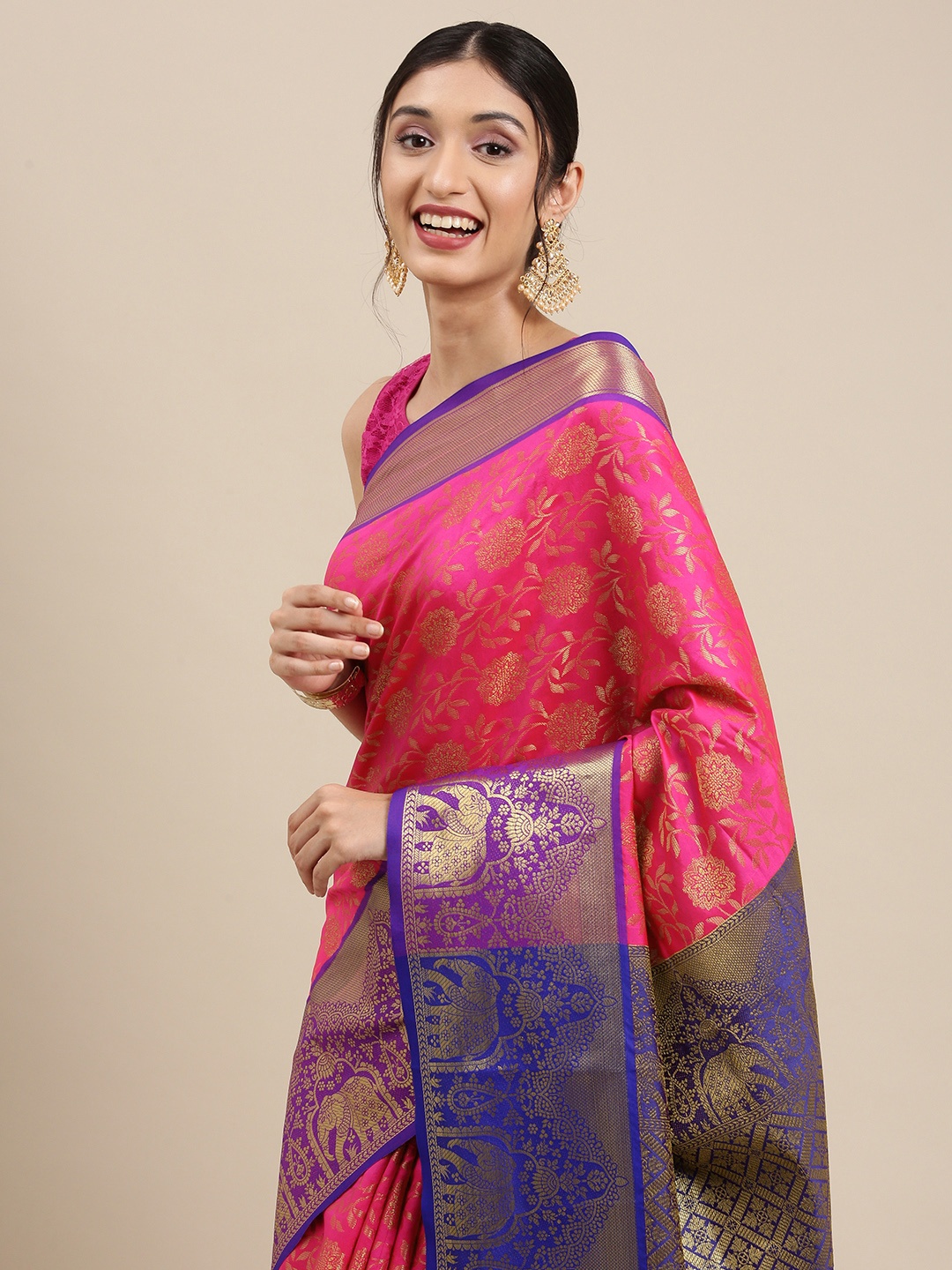 

Mitera Pink & Blue Ethnic Motifs Zari Silk Blend Kanjeevaram Saree