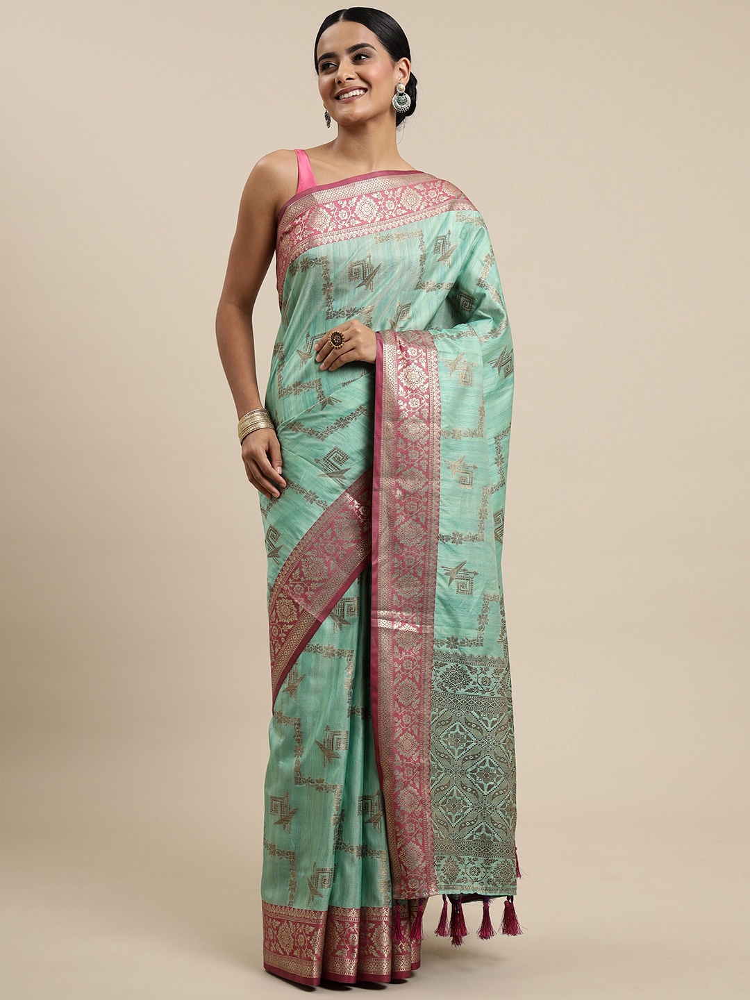 

Mitera Sea Green & Golden Ethnic Motifs Zari Silk Blend Banarasi Saree