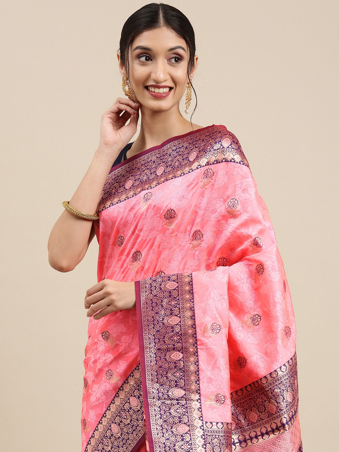 

Mitera Pink & Purple Ethnic Motifs Zari Silk Blend Kanjeevaram Saree