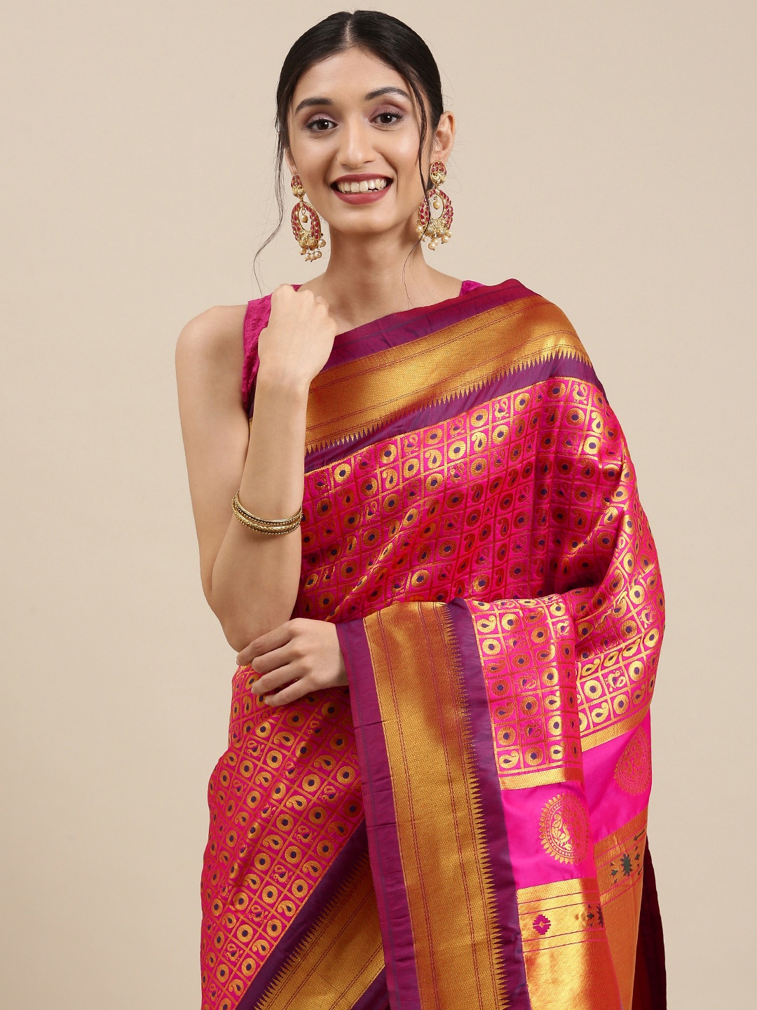 

Mitera Pink & Golden Ethnic Motifs Zari Silk Blend Paithani Saree