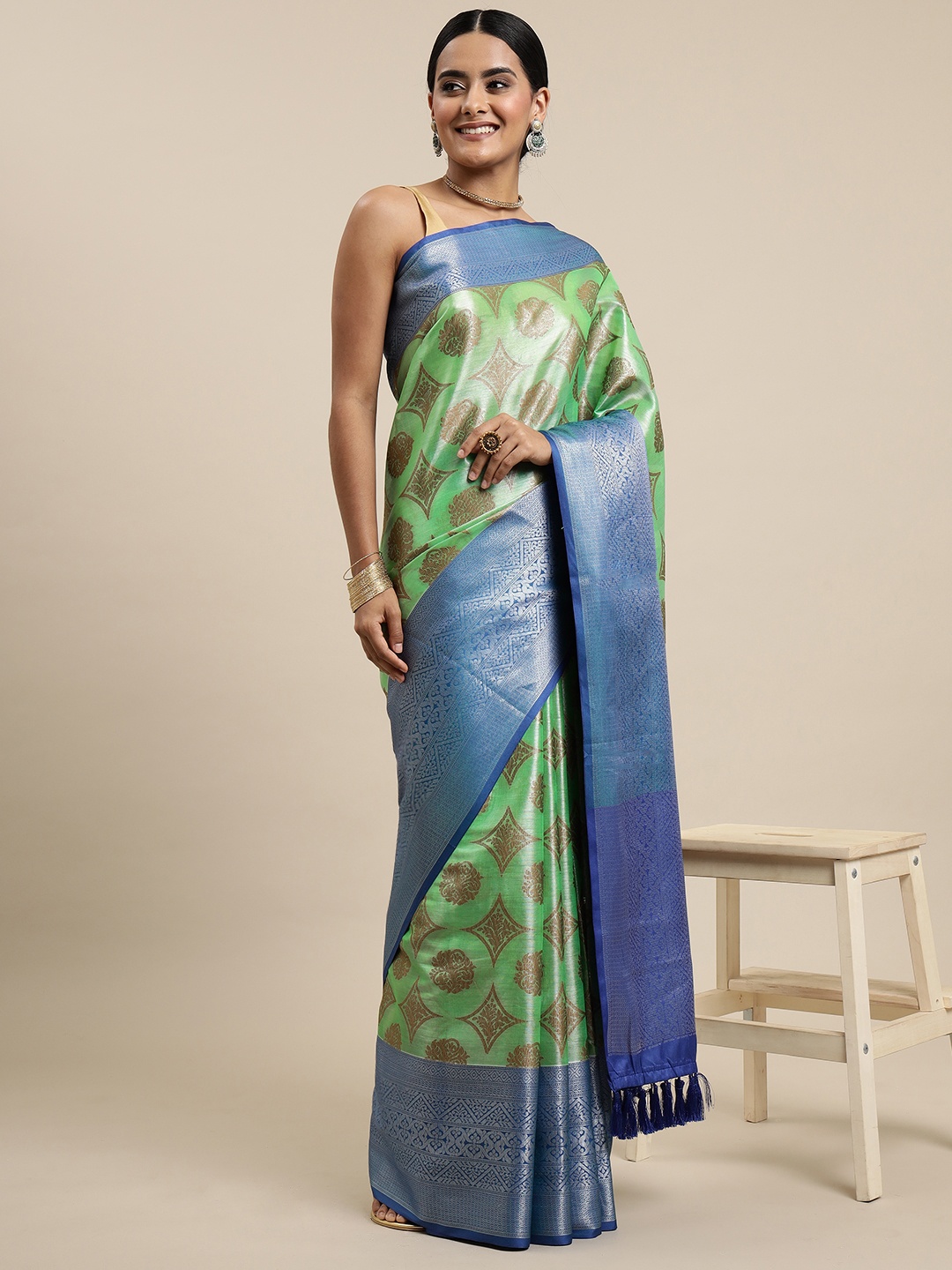 

Mitera Green & Blue Ethnic Motifs Zari Organza Kanjeevaram Saree