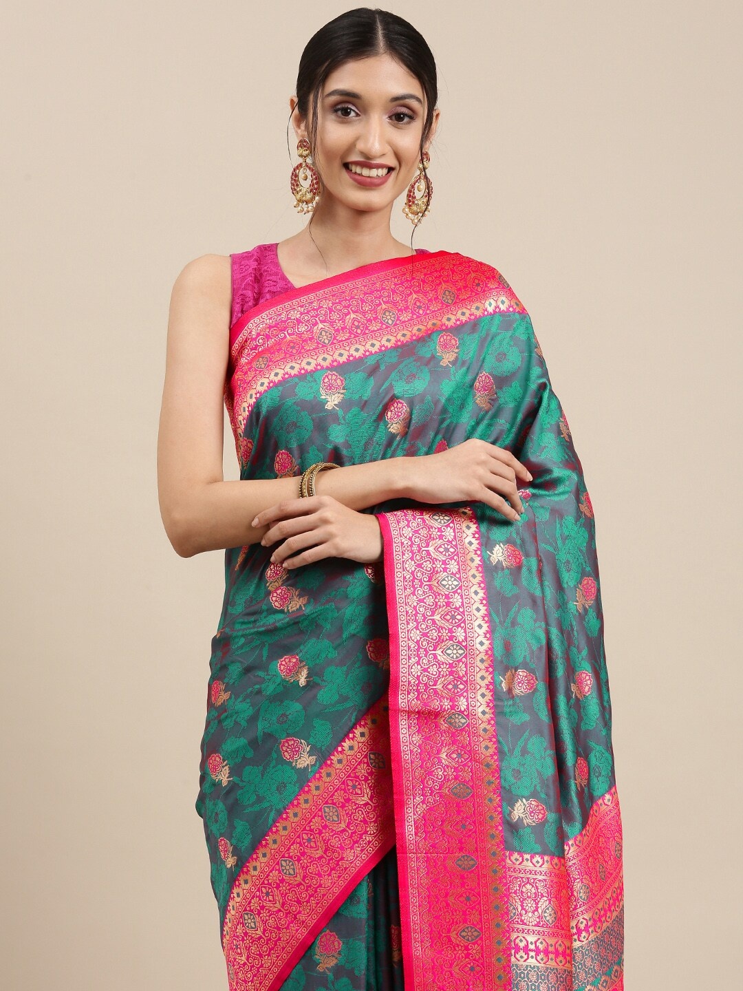 

Mitera Teal Green & Pink Ethnic Motifs Zari Silk Blend Kanjeevaram Saree