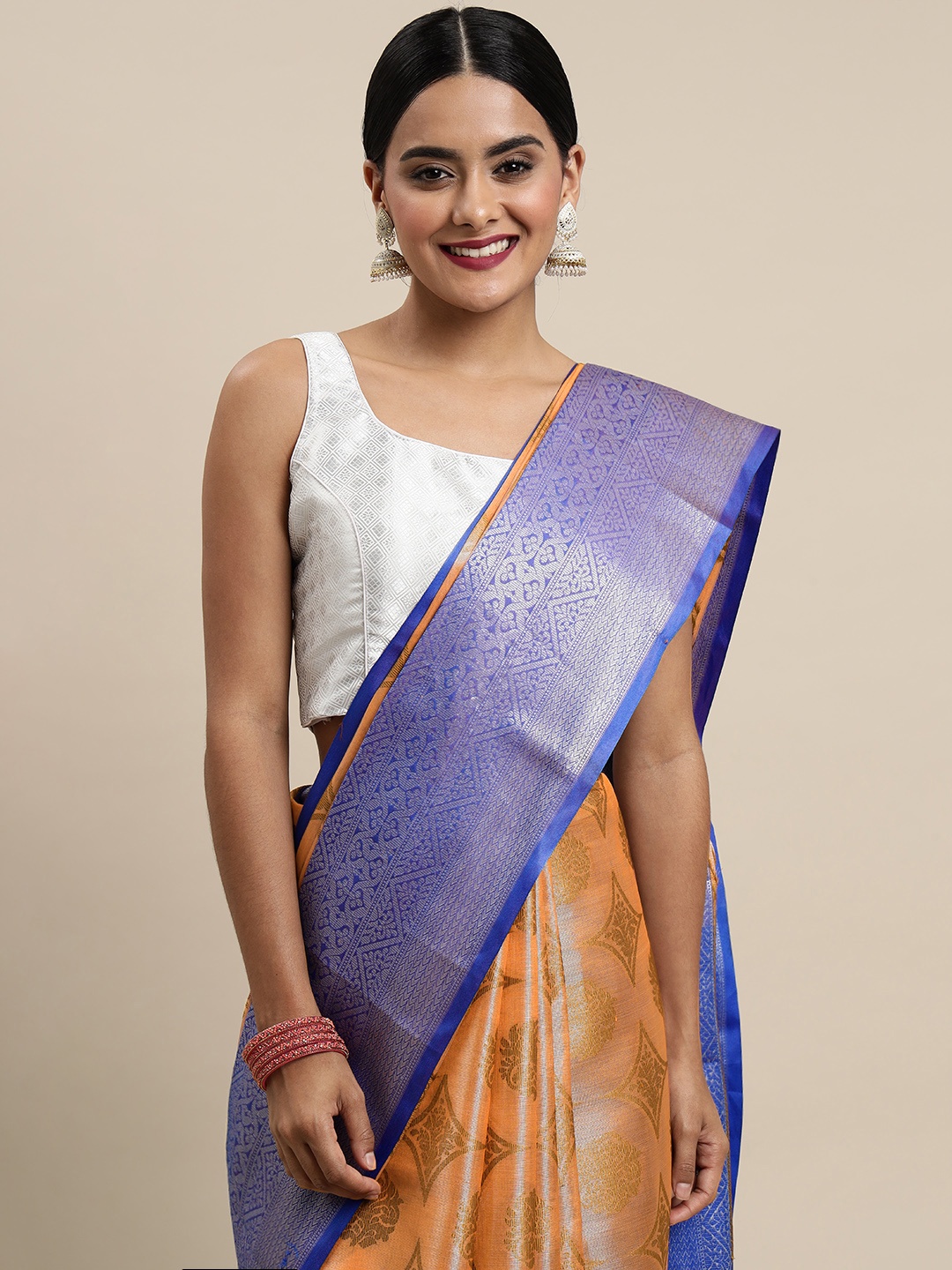 

Mitera Peach-Coloured & Brown Woven Design Zari Organza Kanjeevaram Saree