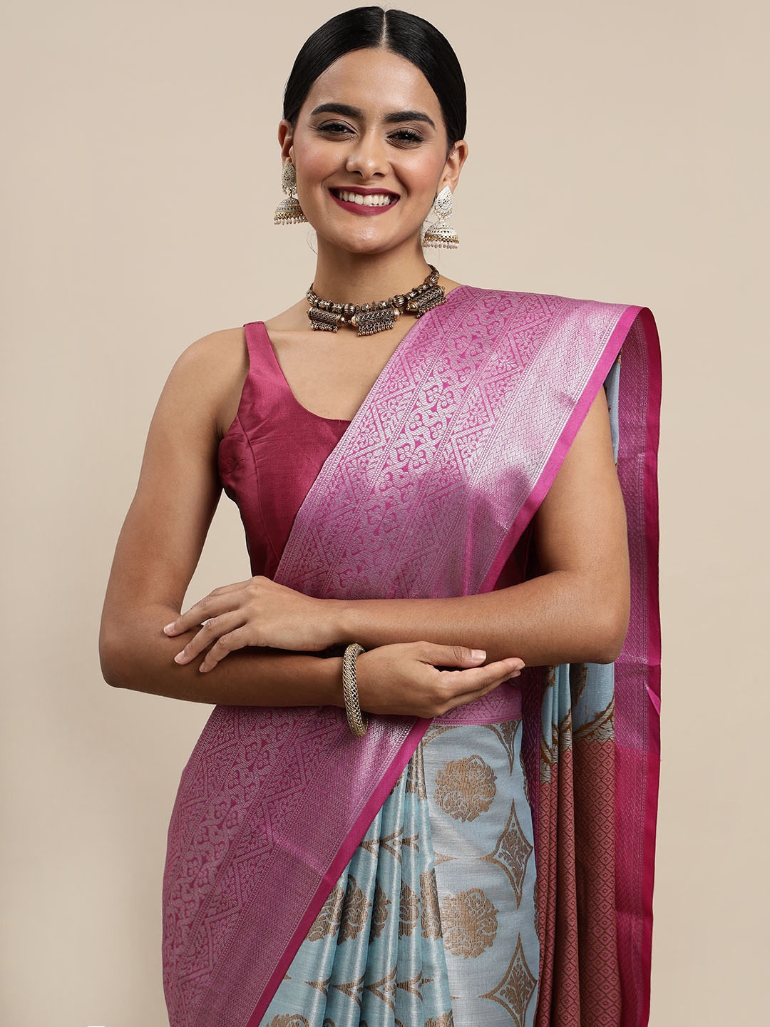 

Mitera Purple & Blue Woven Design Zari Organza Saree