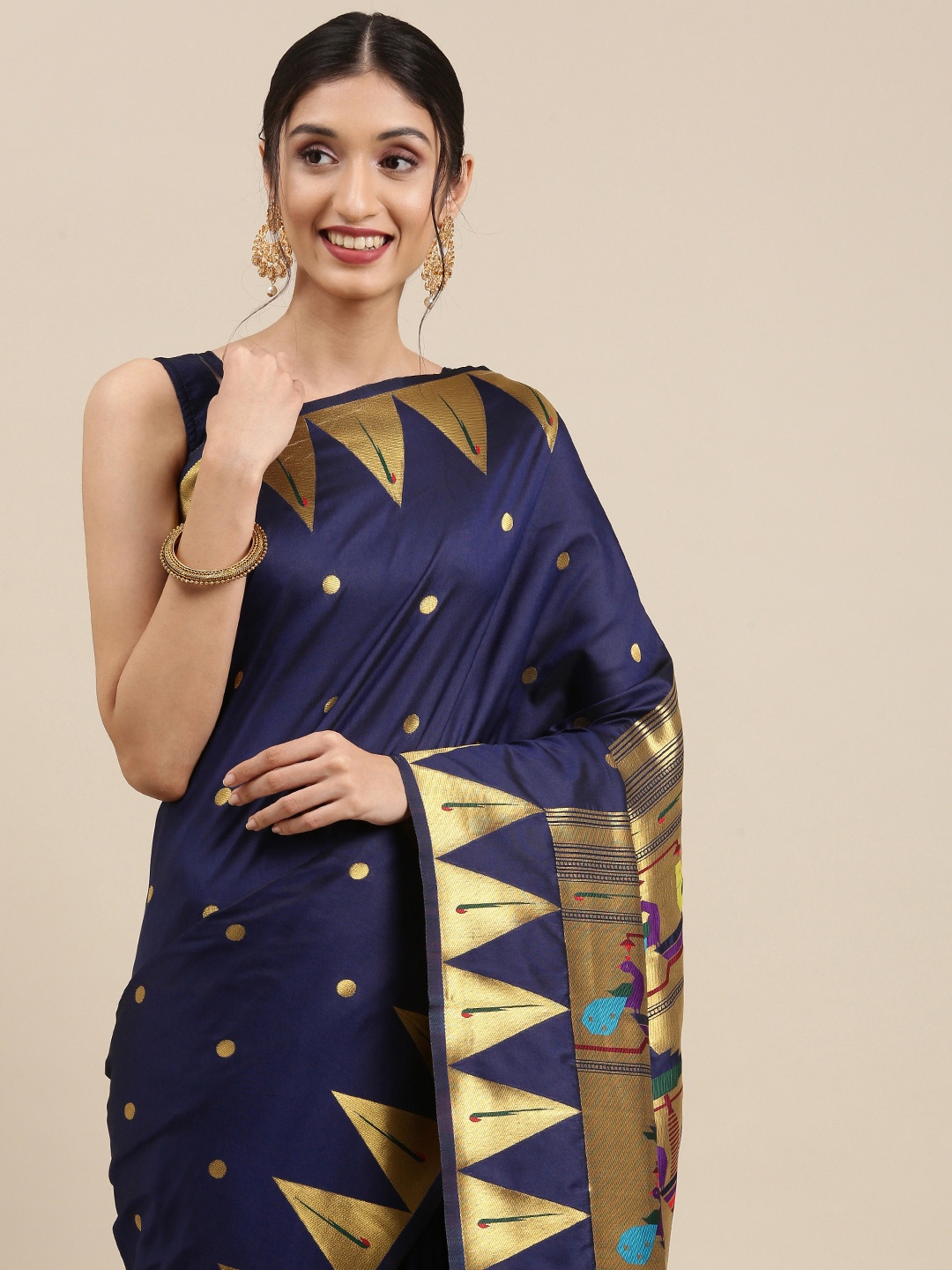 

Mitera Navy Blue & Golden Ethnic Motifs Zari Silk Blend Paithani Saree