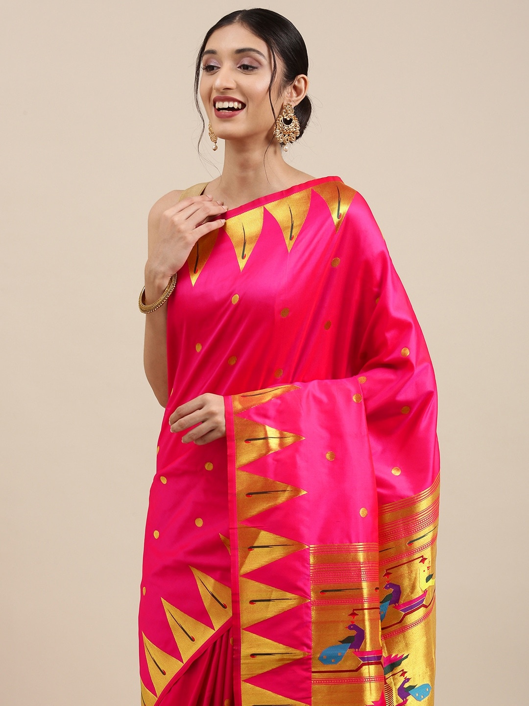 

Mitera Pink & Golden Ethnic Motifs Silk Blend Saree