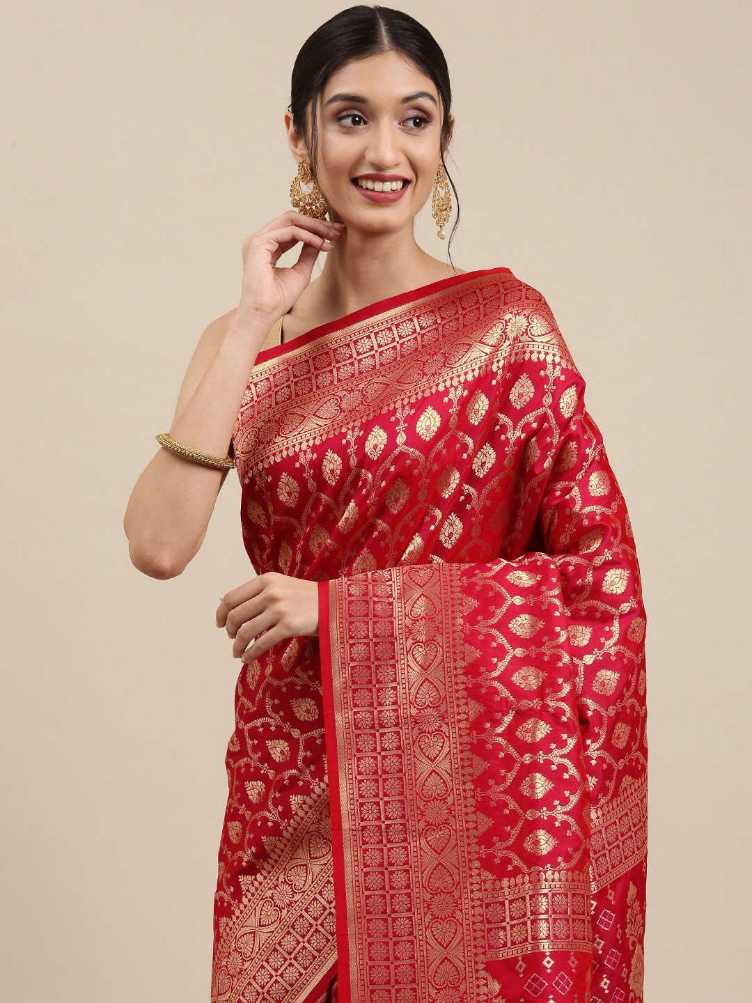 

Mitera Red & Golden Ethnic Motifs Zari Silk Blend Banarasi Saree