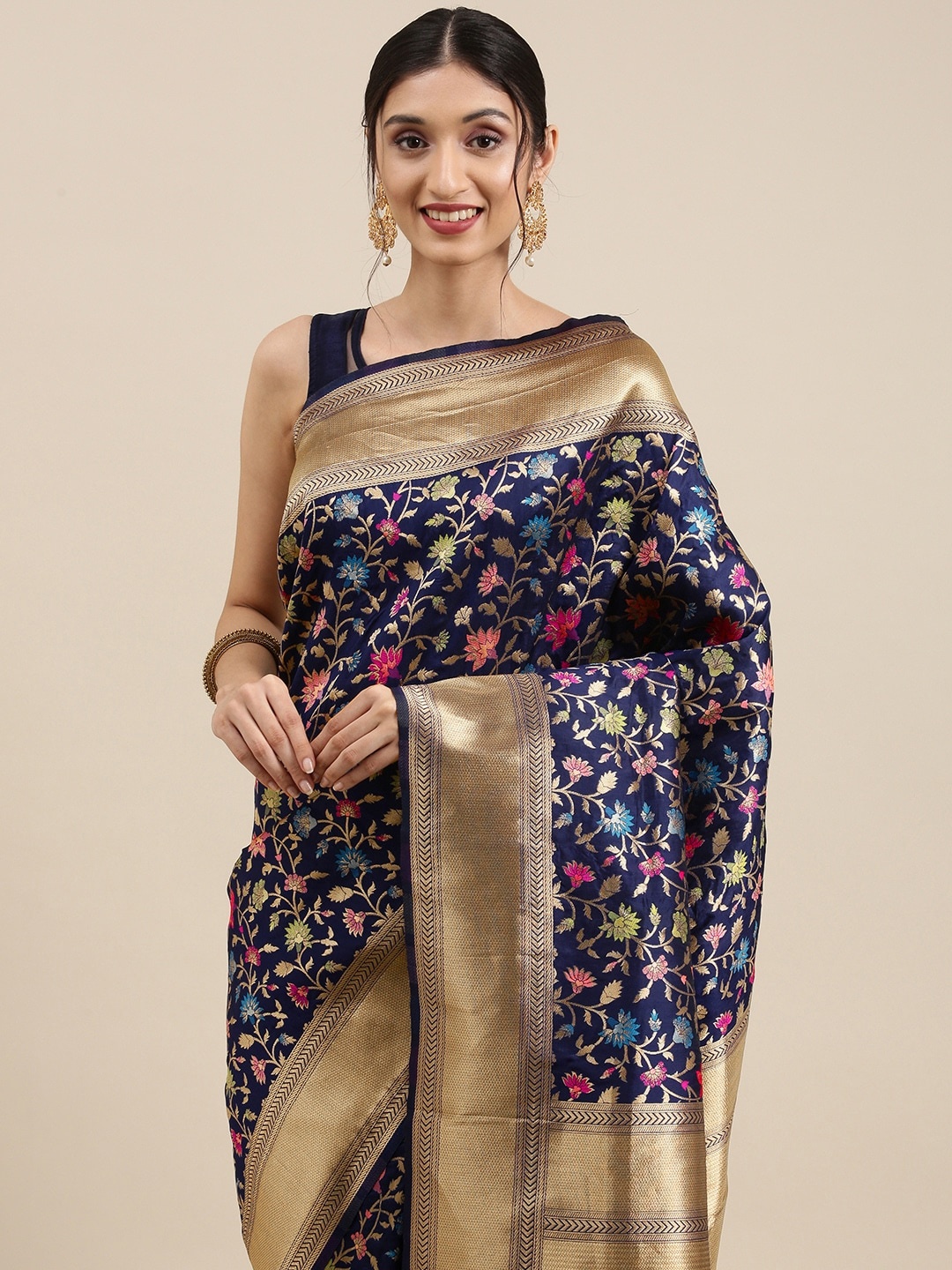 

Mitera Navy Blue & Golden Ethnic Motifs Zari Silk Blend Banarasi Saree