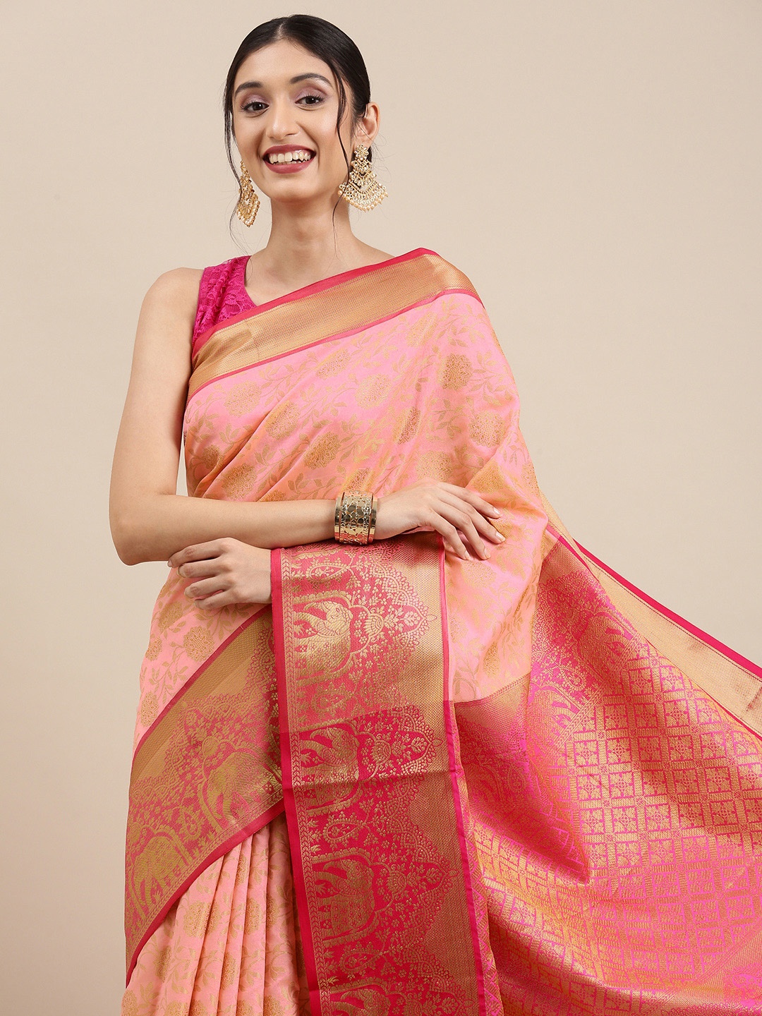 

Mitera Peach-Coloured & Golden Ethnic Motifs Zari Silk Blend Kanjeevaram Saree