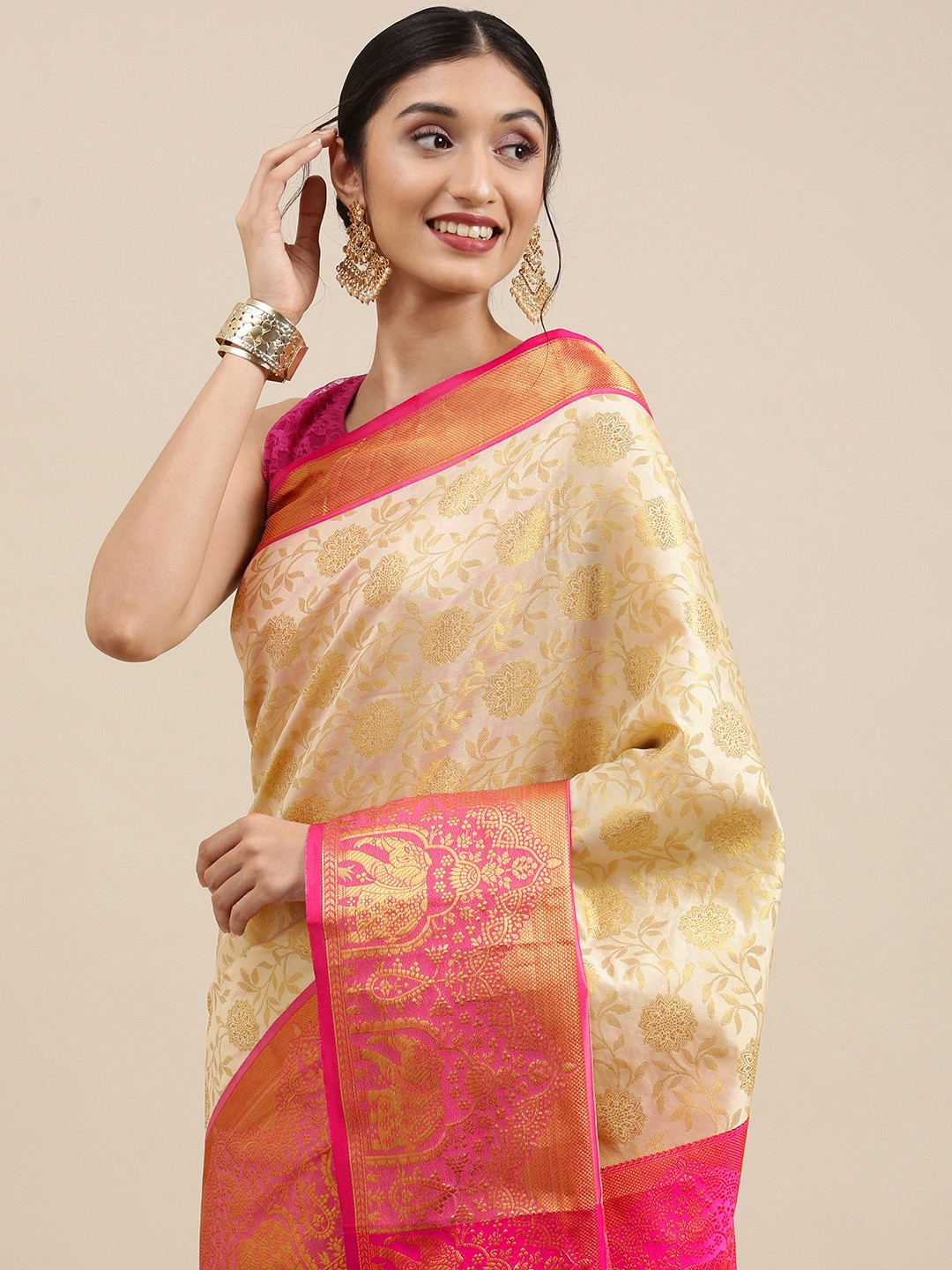 

Mitera Cream-Coloured & Golden Ethnic Motifs Zari Silk Blend Kanjeevaram Saree