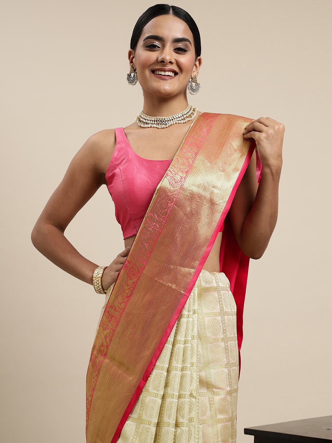 

Mitera Cream-Coloured & Maroon Checked Zari Silk Blend Saree