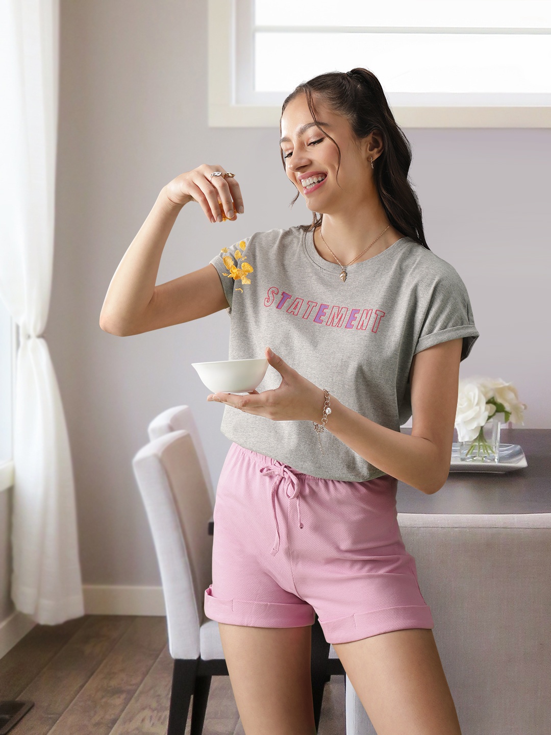 

Vero Moda Women Grey Typography Printed Extended Sleeves Cotton T-shirt