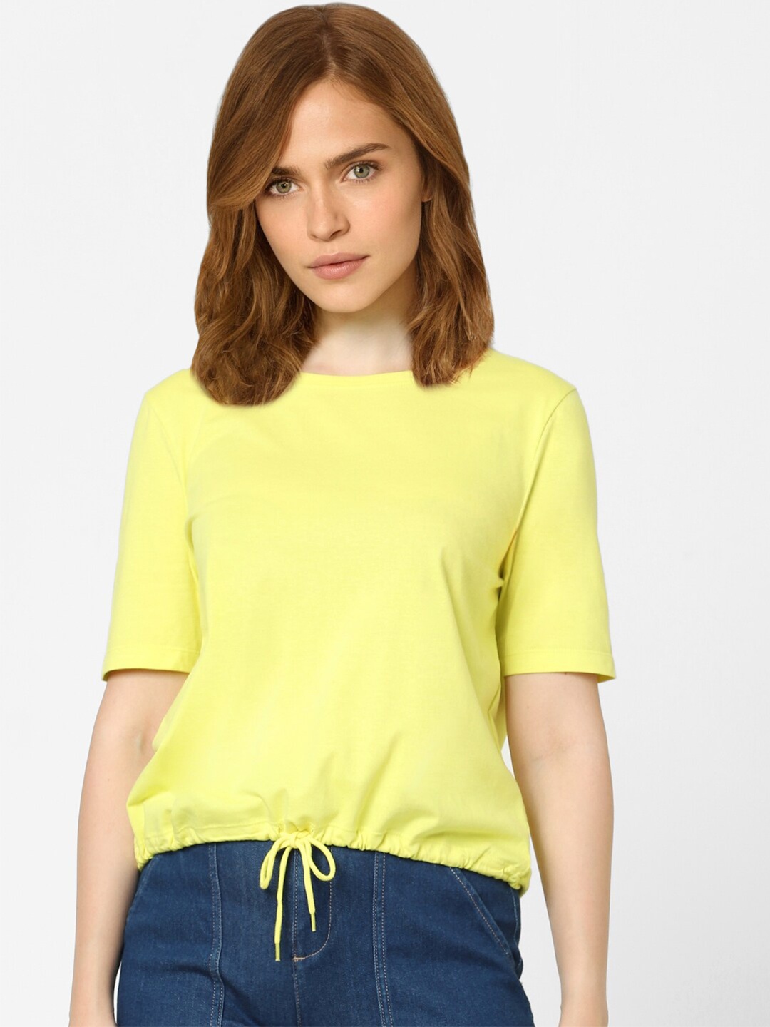 

Vero Moda Women Yellow Solid Front Cotton Tie Up T-shirt