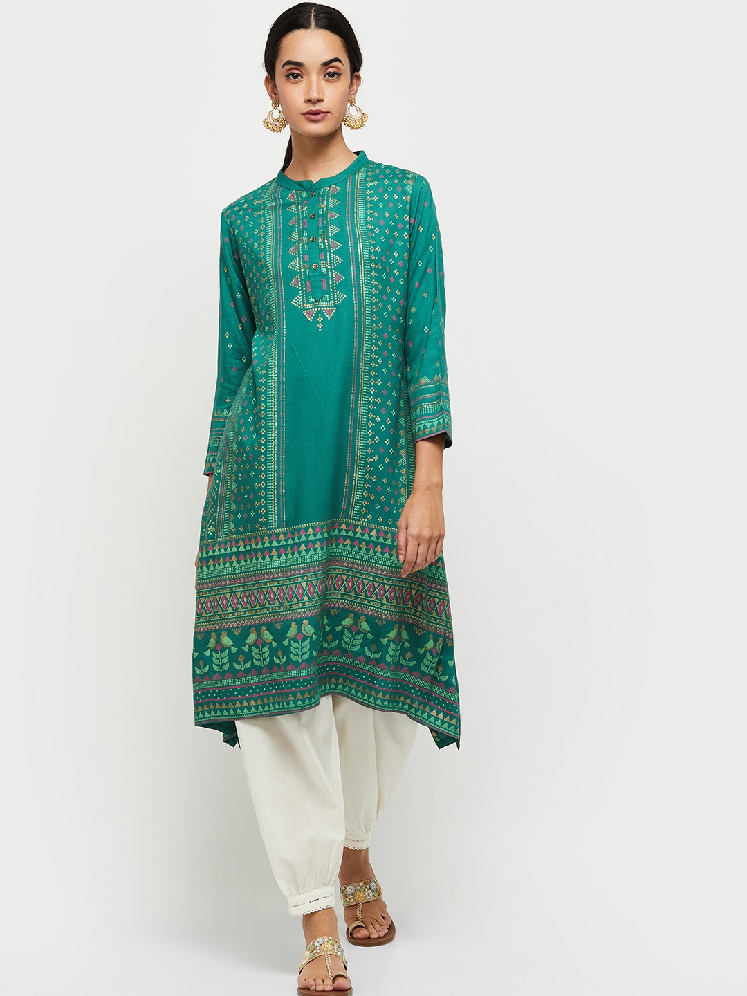 

max Women Green Ethnic Motifs Embroidered Keyhole Neck Thread Work Kurta