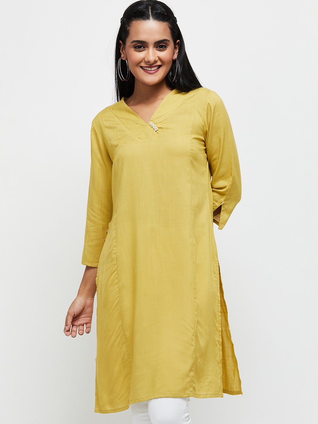 

max Women Yellow Chikankari Kurta
