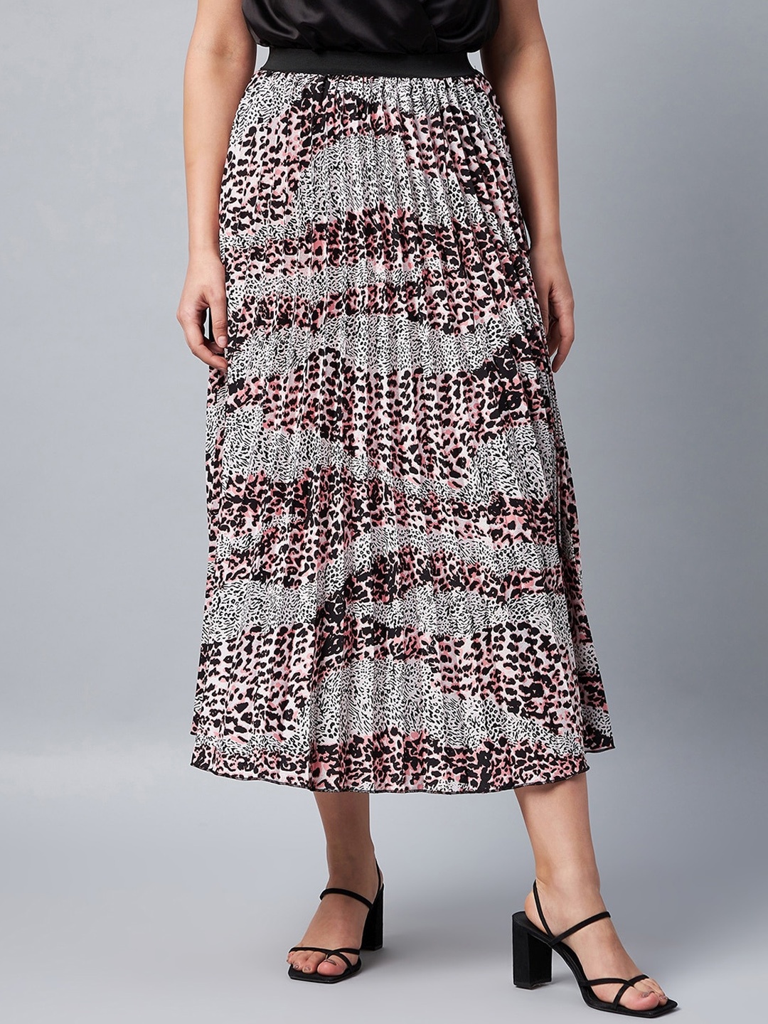 

StyleStone Women Black & Pink Printed Pleated Midi Skirt