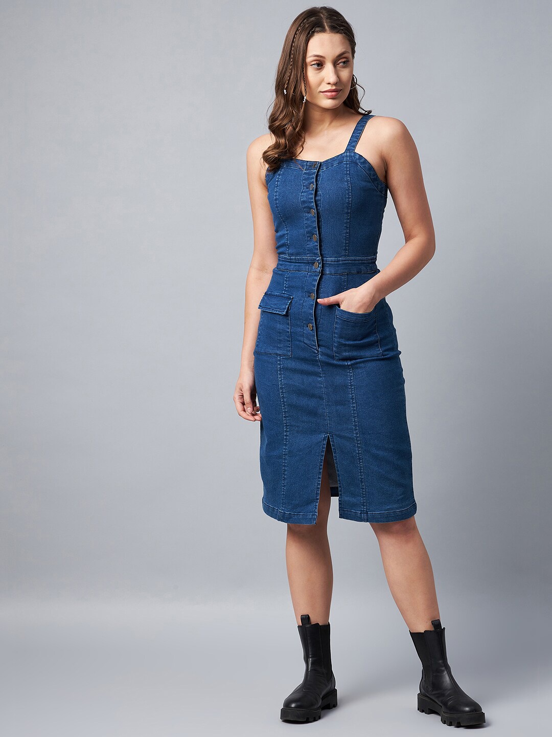 

StyleStone Blue Cotton Denim Sheath Midi Dress