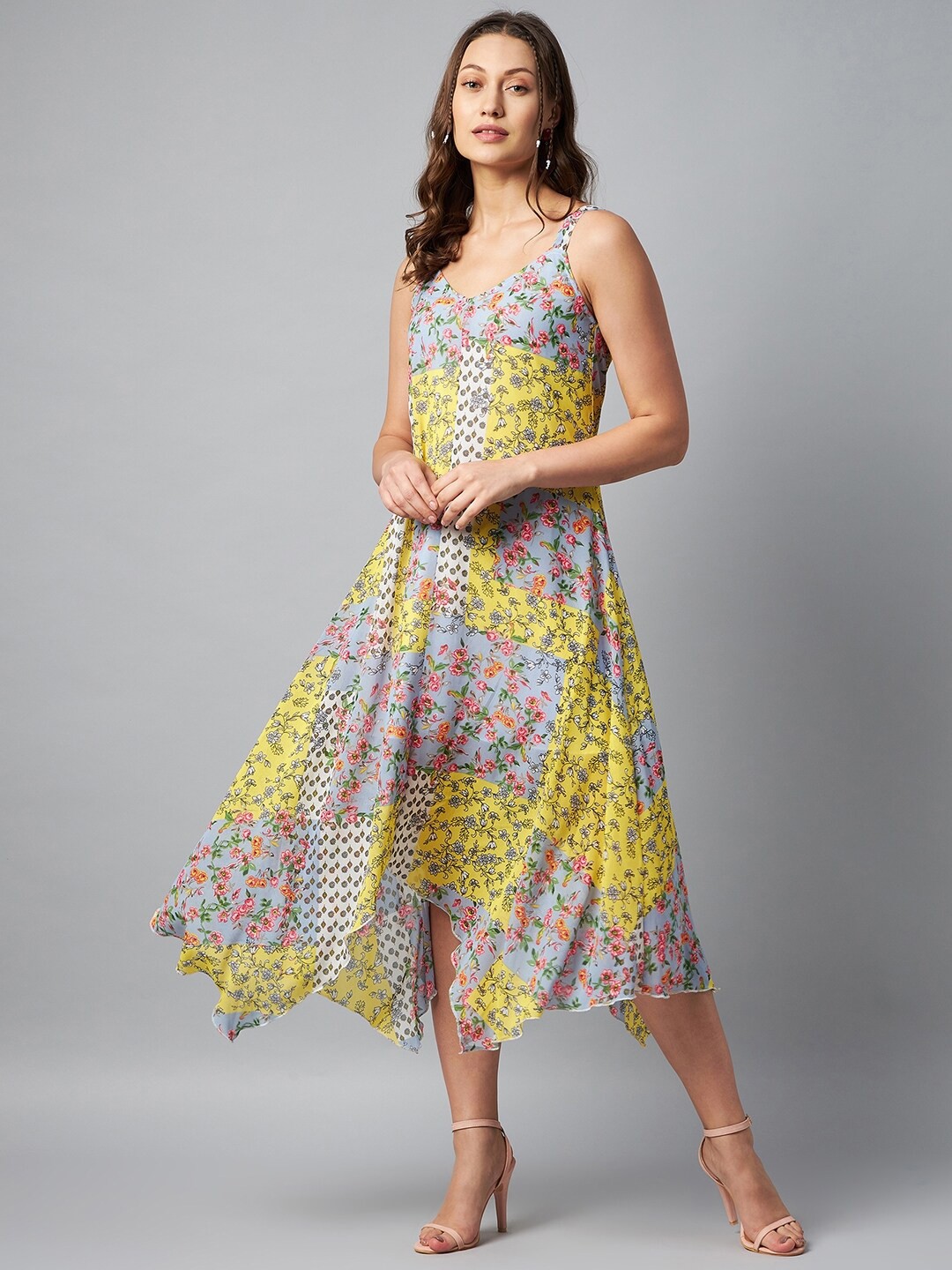 

StyleStone Yellow Floral Georgette A-Line Midi Dress