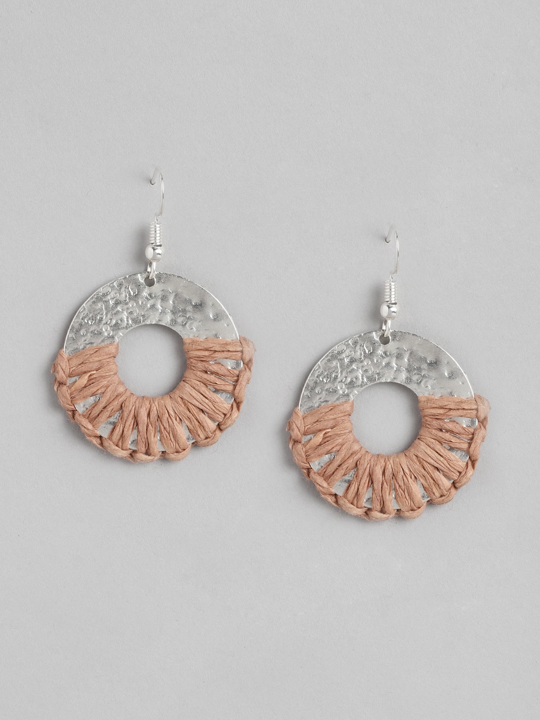 

RICHEERA Brown & Silver-Toned Circular Drop Earrings