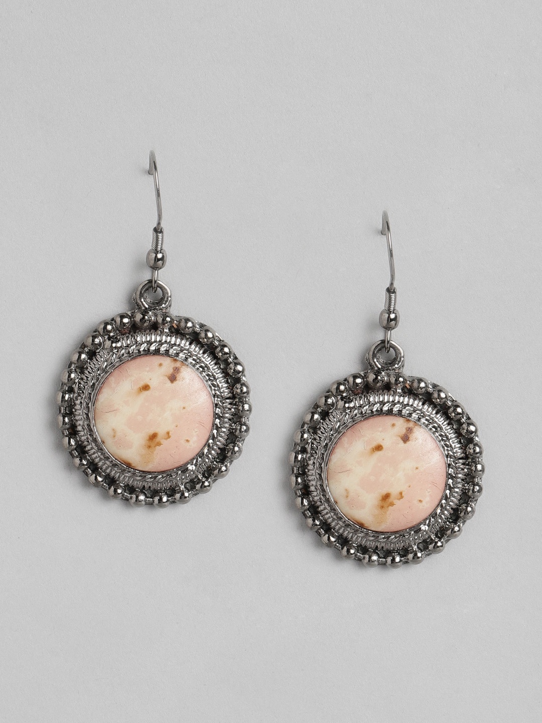 

RICHEERA Silver-Toned & Beige Circular Drop Earrings