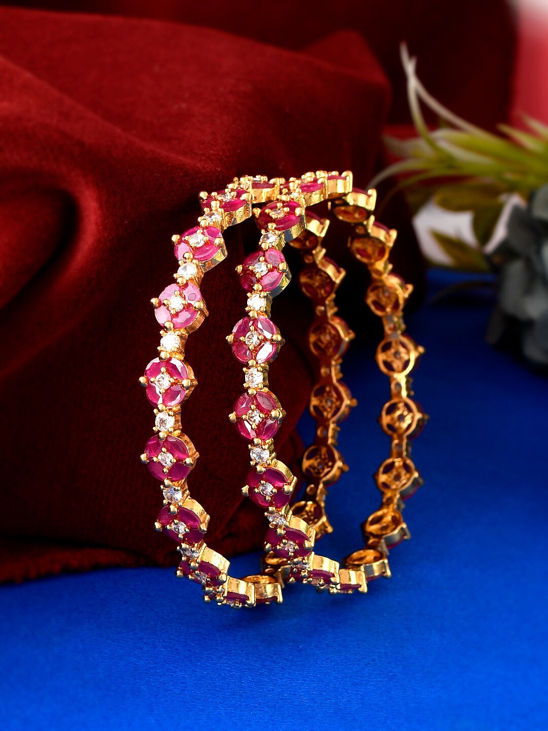 

Silvermerc Designs Set Of 2 Red & Gold-Toned & Plated Stone Studded Bangles