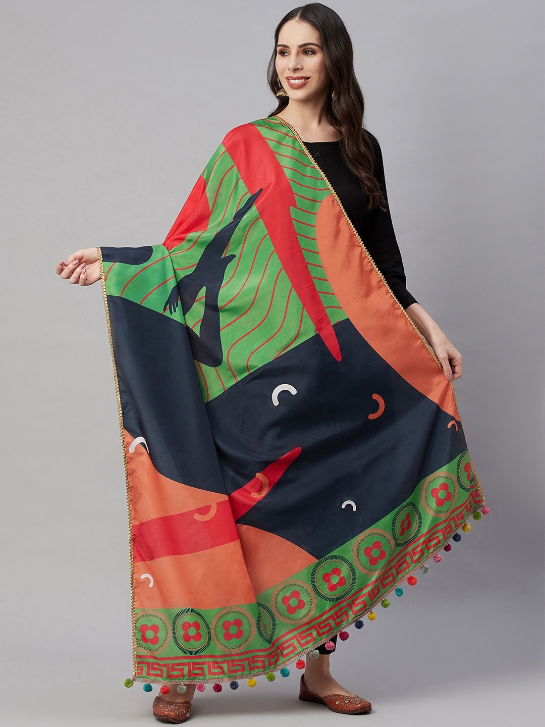 

YELLOW PARROT Green & Navy Blue Printed Dupatta