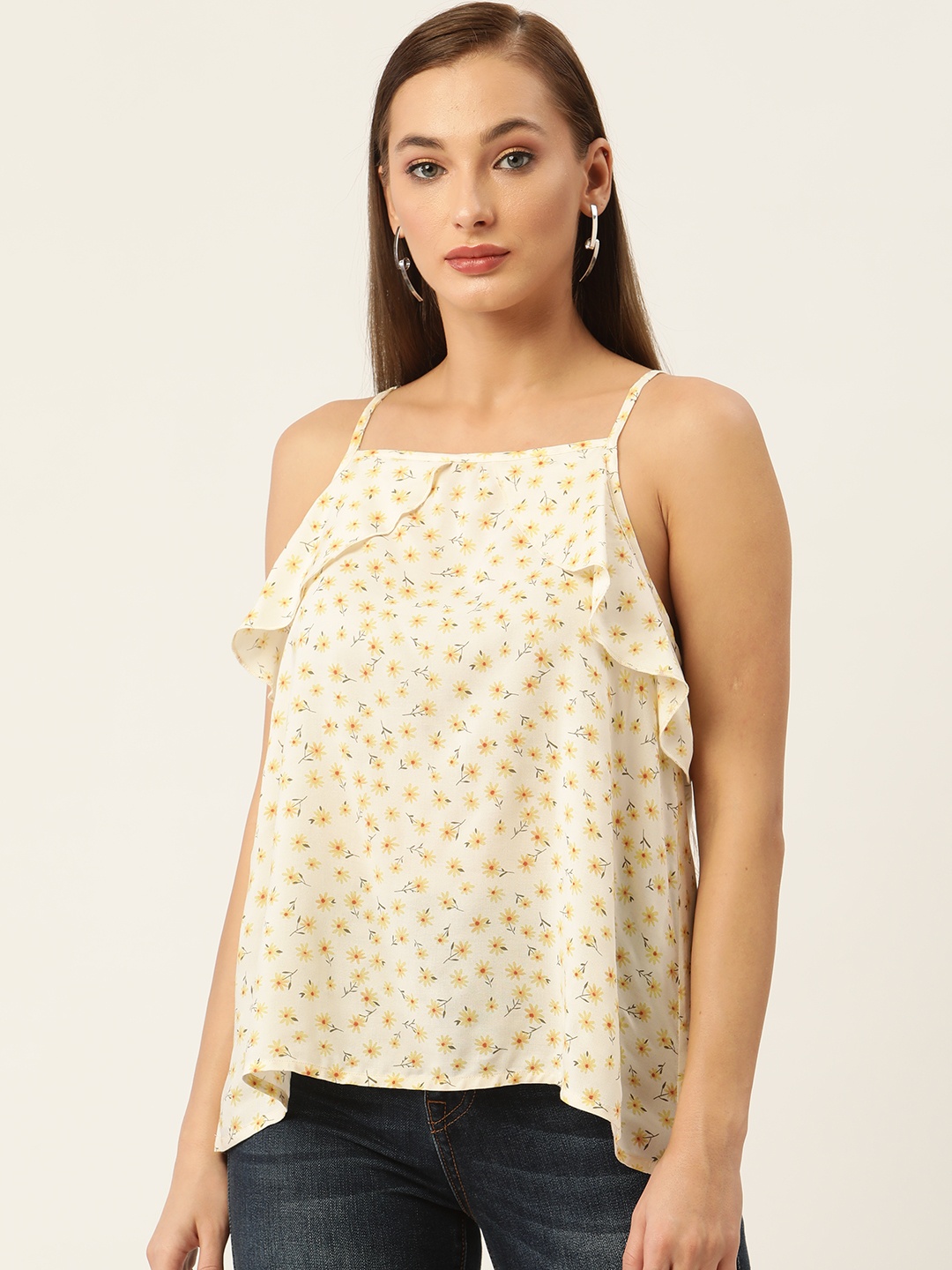 

Rue Collection Off White & Yellow Floral Print Ruffles Top
