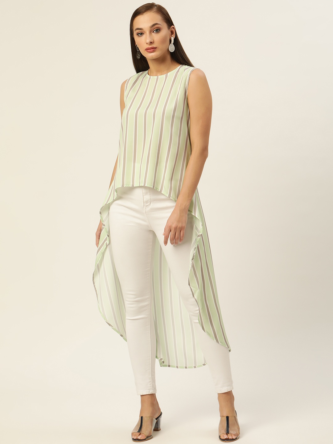 

Rue Collection Green & Taupe Striped Crepe High-Low Longline Top