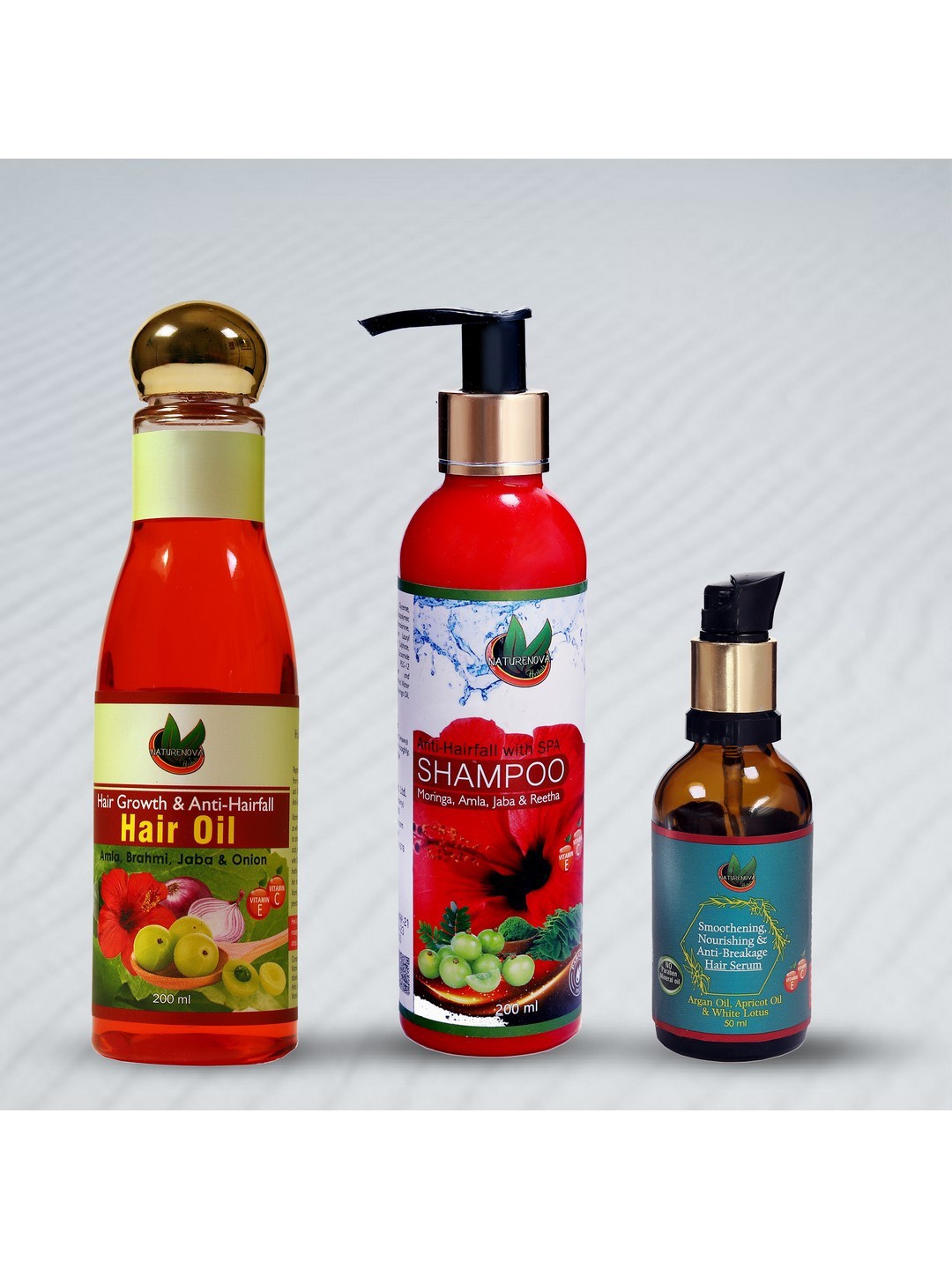 

NatureNova Herbals Set of Anti-Hairfall Shampoo 200ml - Hair Serum 50ml - Hair Oil 200ml, Red