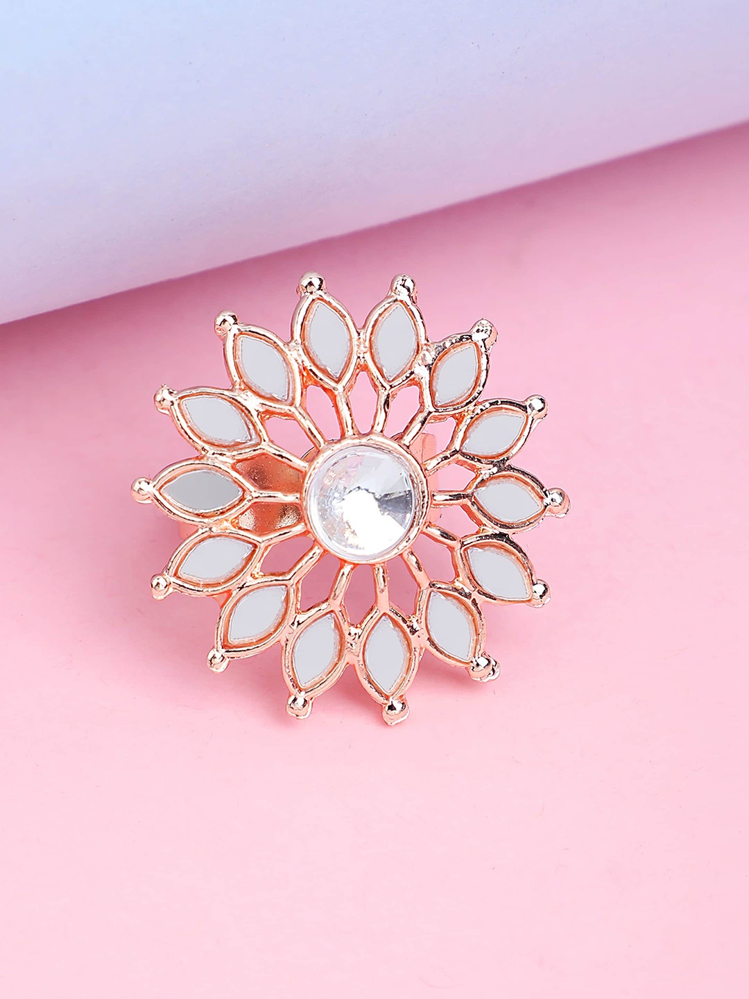 

Bhana Fashion Rose Gold- Plated White Mirror Stone Studded Adjustable Finger Ring