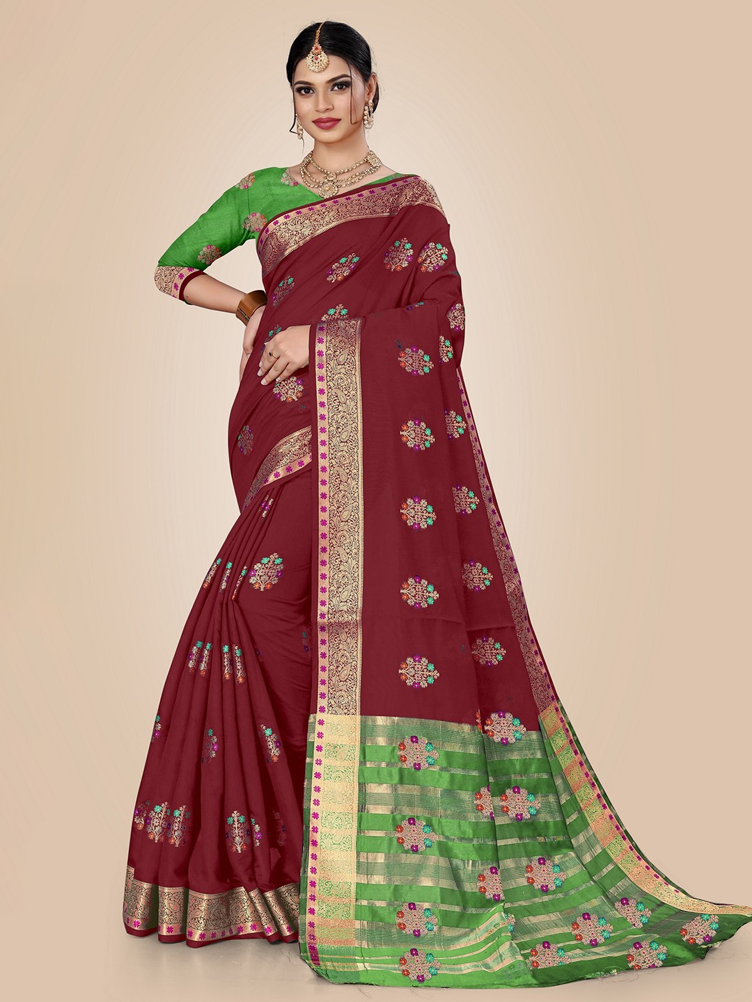 

Rivana Brown & Green Ethnic Motifs Pure Cotton Chanderi Saree