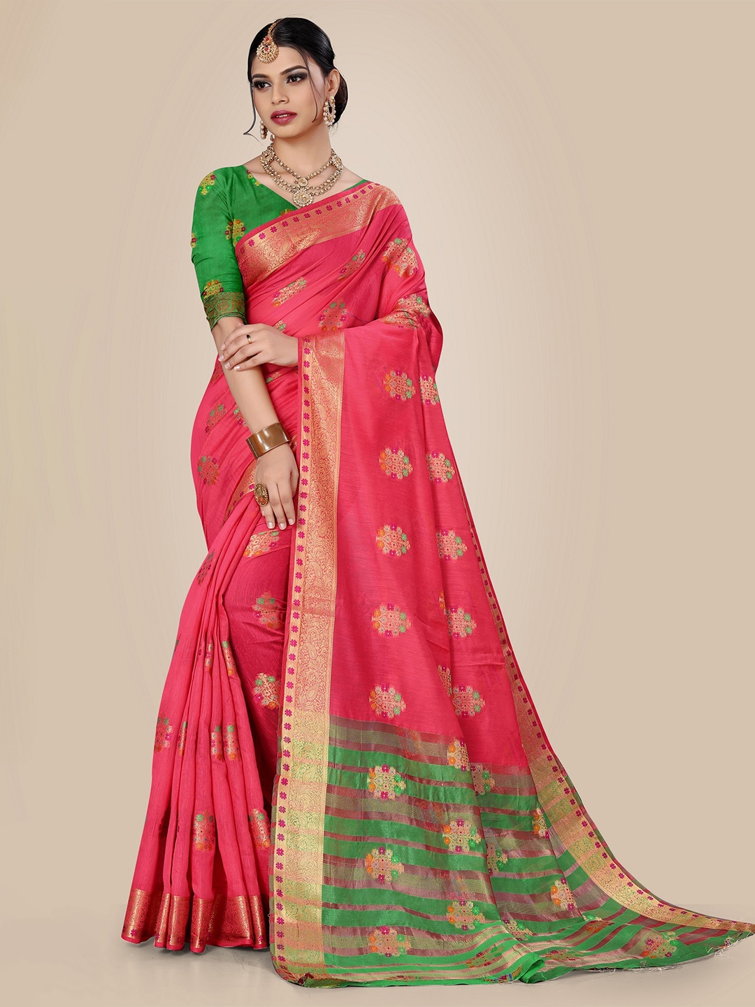 

Rivana Pink & Green Woven Design Zari Pure Cotton Chanderi Saree