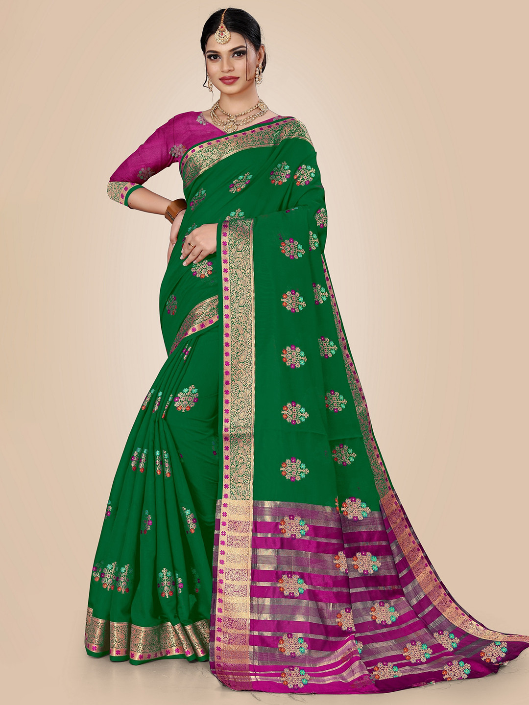 

Rivana Green & Purple Woven Design Zari Pure Cotton Chanderi Saree