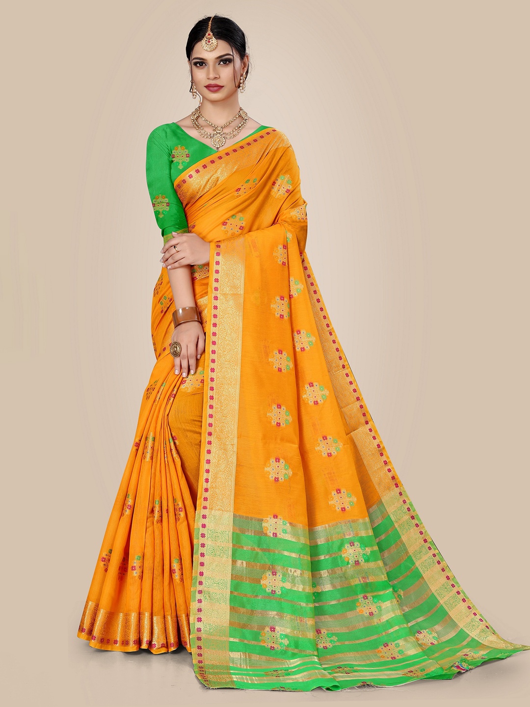 

Rivana Yellow & Green Floral Zari Pure Cotton Chanderi Saree