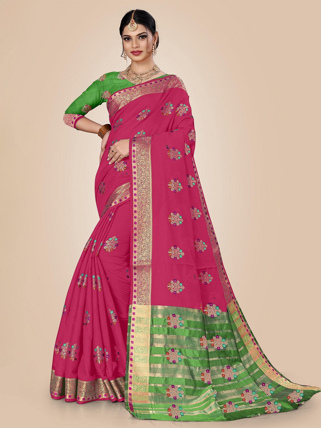 

Rivana Pink & Green Woven Design Zari Pure Cotton Chanderi Saree