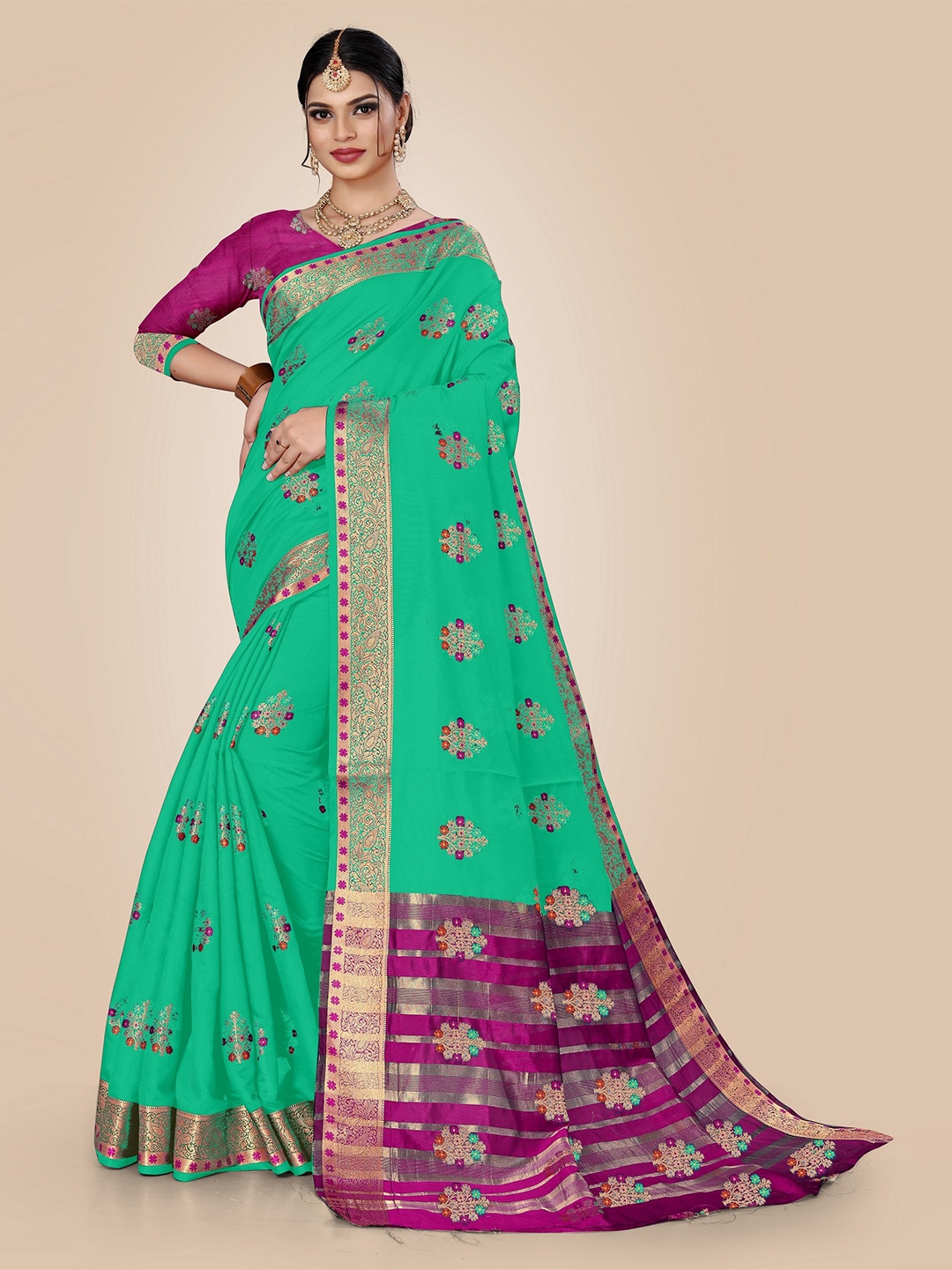 

Rivana Teal & Purple Printed Zari Pure Cotton Chanderi Saree