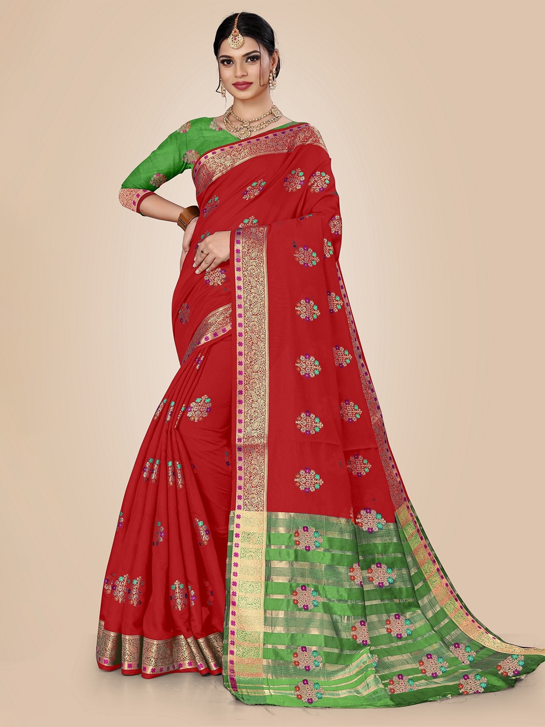 

Rivana Red & Green Woven Design Zari Pure Cotton Chanderi Saree